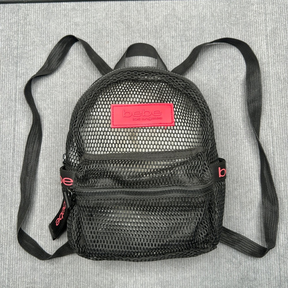 Bebe Los Angeles Mini Backpack Black Mesh Pink Logo Zippered Small Bag